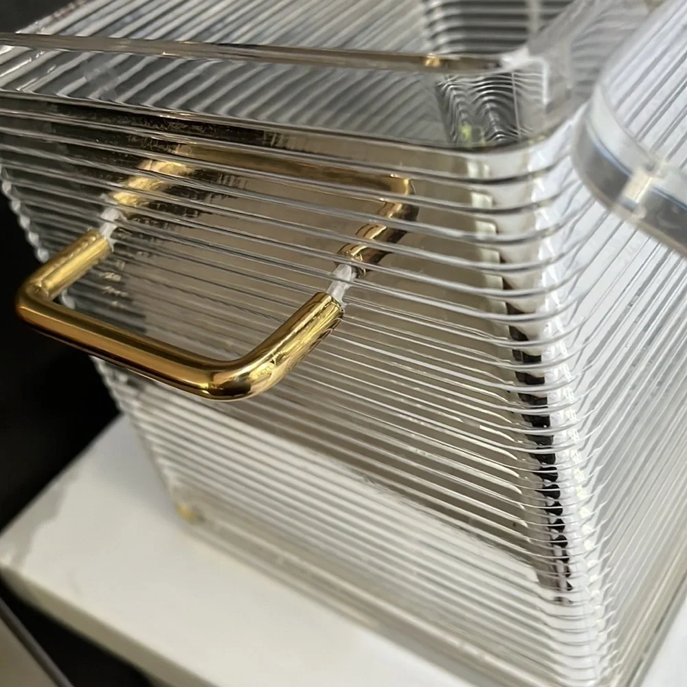 MCM Lucite Ribbed Rectangular 4.5L Ice Bucket Box Liner Goldtone Hardware